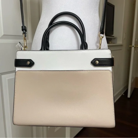 Kate Spade Staci Medium Satchel Crossbody Saffiano Leather Tan White Black - Picture 7 of 16